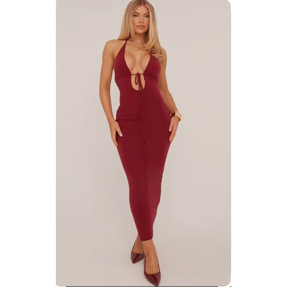 EGO Plunge Halterneck Tie Front Maxi Dress In Burgundy Size M